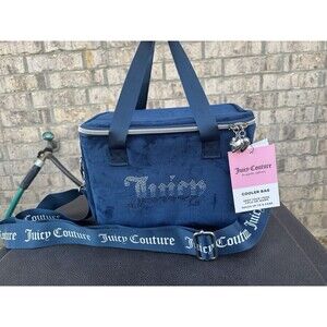 Juicy Couture Blue Velour Cooler Bag Rhinestone Logo Insulated Lunch Tote NWT